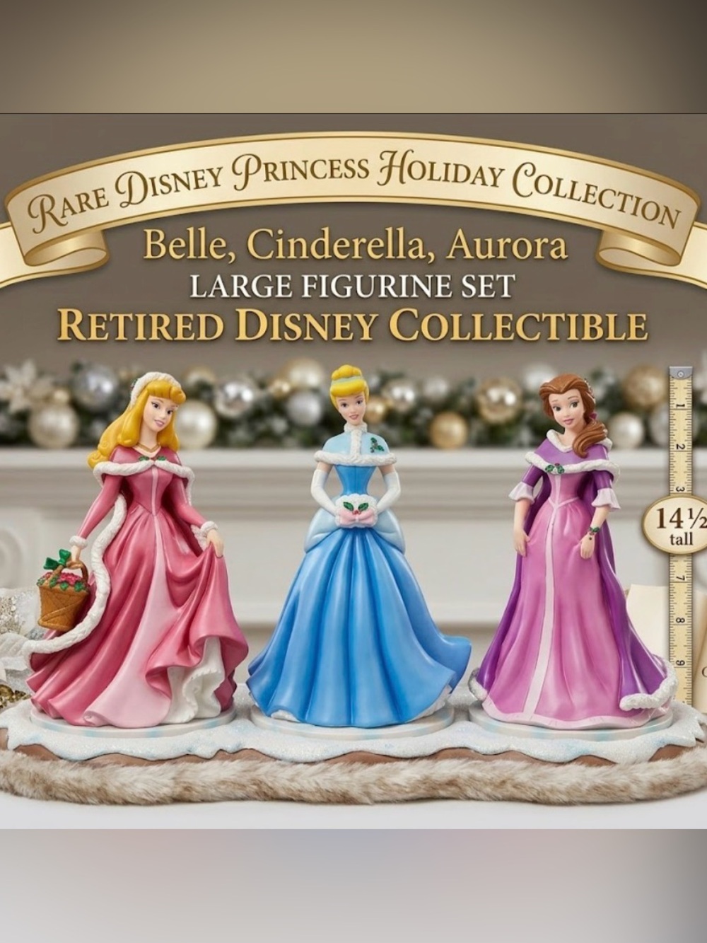 Rare Disney Princess Holiday Figurine Set Belle Aurora Cinderella Retired Large